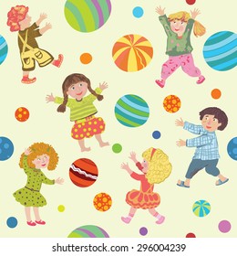 The pattern cheerful cute kids in bright clothes play colorful balls
