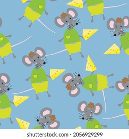 Pattern with a cheerful cute mouse (in shorts, a T-shirt and with cheese) in cartoon style. Vector graphics