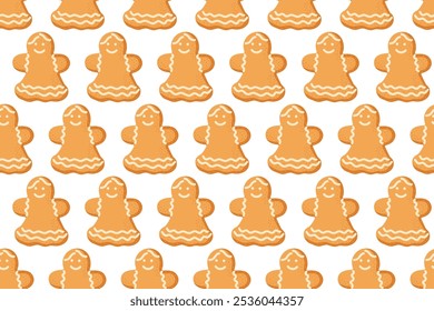 Pattern of cheerful gingerbread cookies displayed on a white background in festive arrangement
