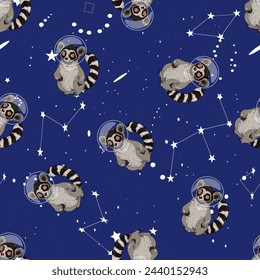 Pattern of cheerful lemurs and constellations. A lemur in a spacesuit in space. Small seamless pattern as blanks for designers, logos, labels, postcards. Summer template for designers,