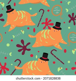 Pattern with cheerful red cats in nice colors
