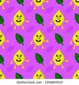 Pattern with cheerful yellow lemons on lilac background. Pattern for textile, fabric, background, wrapping paper, Wallpaper, decoration.