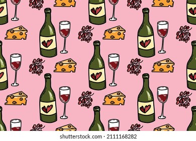 Pattern cheese, bottle and glass of wine on pink background