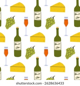 Pattern of cheese, wine, and grapes creating a festive culinary atmosphere for gatherings