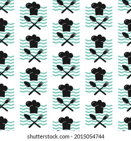 Pattern with a chefs cap, spoon and fork. Vector illustration on a white background with blue zigzags. For use in packaging and covers, fabrics, shops, advertisements and promotions, cafes and