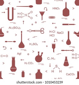 Pattern with chemical, biological, scientific, education and research elements: flasks, formulas, beaker, funnel, U-shaped tube, Petri dish, dropper, crucible forceps, holder, retort, spoon.