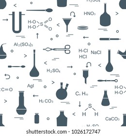 Pattern with chemical, biological, scientific, education and research elements: flasks, formulas, beaker, funnel, U-shaped tube, Petri dish, dropper, crucible forceps, holder, retort, spoon.