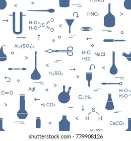 Pattern with chemical, biological, scientific, education and research elements: flasks, formulas, beaker, funnel, U-shaped tube, Petri dish, dropper, crucible forceps, holder, retort, spoon.