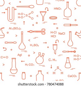 Pattern with chemical, biological, scientific, education and research elements: flasks, formulas, beaker, funnel, U-shaped tube, Petri dish, dropper, crucible forceps, holder, retort, spoon.