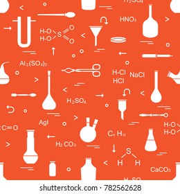 Pattern with chemical, biological, scientific, education and research elements: flasks, formulas, beaker, funnel, U-shaped tube, Petri dish, dropper, crucible forceps, holder, retort, spoon.