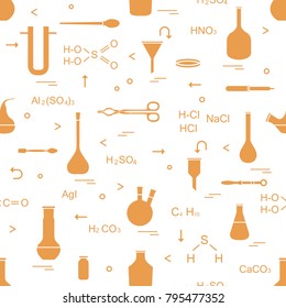 Pattern with chemical, biological, scientific, education and research elements: flasks, formulas, beaker, funnel, U-shaped tube, Petri dish, dropper, crucible forceps, holder, retort, spoon.