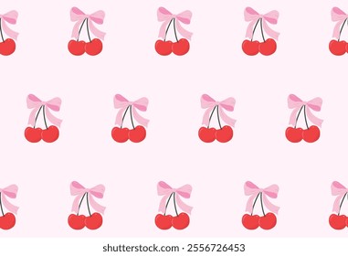 Pattern with cherries and a bow. Two cherries with bow coquette.  Cute coquette aesthetic pink ribbon bow with red cherries. Packaging, postcard, seamless background and print for Valentine's Day