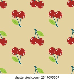 A pattern of cherries with green leaves is displayed. The pattern is repeated throughout the image, creating a cohesive and visually appealing design