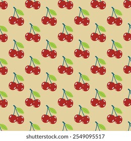 A pattern of cherries with green leaves is displayed. The pattern is repeated throughout the image, creating a cohesive and visually appealing design