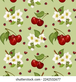 Pattern with cherries and ladybugs.Vector pattern with cherries and ladybugs on a colored background.
