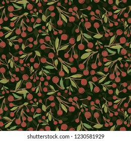 Pattern with cherries and leaves. Pattern with red cherries. Red berries. Veggie