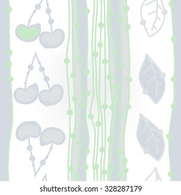 Pattern  of cherries, leaves and stripes, hole, spots. Hand drawn.