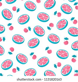 Pattern with cherries and lemon on white background. Vector illustration. Great for fabric, packaging, wallpaper, invitations. Summer pattern, textile.