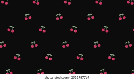 Pattern with cherries on a black background. Red cherry and green leaves on a light background. Seamless vector print. Suitable for fabric, paper gift,  wrapping, textile, wallpaper, card, phone case.