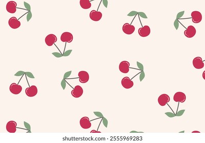 Pattern with cherries. Red cherry and green leaves on a light background. Little cherries repeat evenly distributed. Seamless vector print. Suitable for fabric, paper gift,  wrapping, textile.