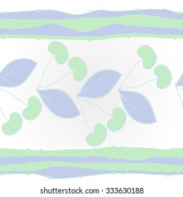 Pattern  of cherries  and striped motif, spots, leaves, branches . Hand drawn.