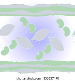 Pattern  of cherries  and striped motif, spots, leaves, branches . Hand drawn.