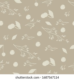 A pattern of cherry berries, twigs and leaves in pastel tons. Beige pattern. Fruits. Doodle of berries and leaves. For fabric and wrapping paper. Vector illustration.