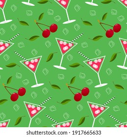 Pattern with cherry cocktail in a glass and fresh cherries. Vector illustration on a green background. Modern creative design for gifts, banners, brochures, greetings and invitations.