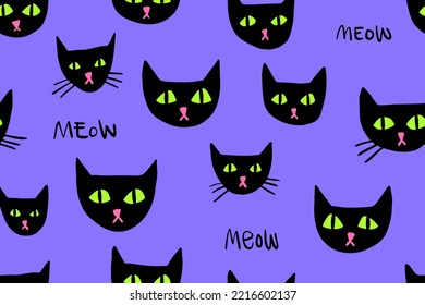 Pattern with a Cheshire cat from Alice in Wonderland. Black cats with green eyes. Lots of fascinating cat faces. Hallucinogenic cats