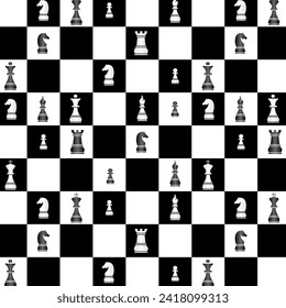 Pattern with chess pieces on the board.Vector seamless pattern with chess pieces on black and white squares.
