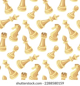 A pattern of chess pieces of white suit wooden on a white background. Chess moves on a checkered board. Chess cartoon, chess board. Texture for printing on textiles and paper. Gift packaging