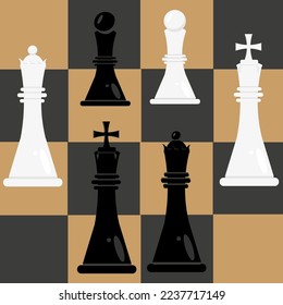 Pattern with chessboard and pieces. Checkered background with a chess queen, king and pawn.