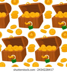 Pattern is a chest with gold coins. Wooden open chest in repeat background with vector seamless pattern. Gold money and gold coins from pirate treasures, the wealth of the leprechaun of wealth pattern