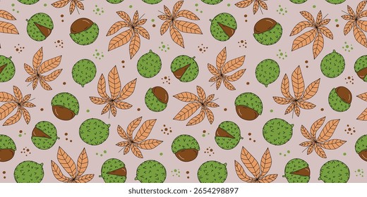 Patrón castaño, hojas. Fruta de castaño. Dibujos, garabatos. Dibujado a mano. Hoja de otoño. Botánico, naturaleza de fondo sin fisuras, Fondo de pantalla.