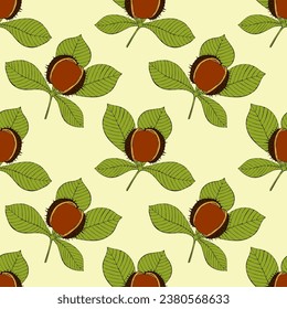 Pattern with Chestnuts, branch with leaves and nut. Vector illustration