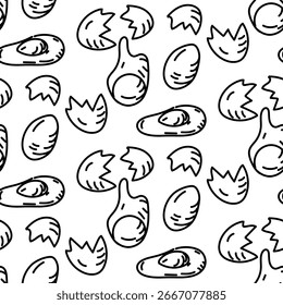 Pattern of chicken eggs in different shapes in the doodle style. Engraving, monochrome hand-drawn drawing in a seamless texture. Whole, broken, leaking, and spilled. Ingredients for cooking