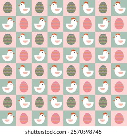 Pattern with chicken and eggs. Easter theme. Multicolored painted eggs. Background of colored squares. Vector illustration