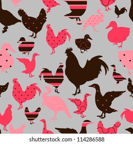 Pattern with chicken, goose, duck, turkey