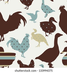 Pattern with chicken, goose, duck, turkey Retro seamless pattern