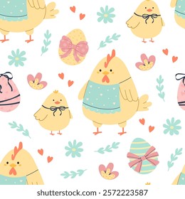 Pattern with chicken, little chick and easter eggs