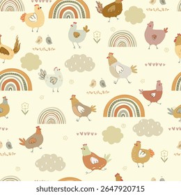 Padrão com frango , arco-íris, nuvens e filhotes. Ilustração vetorial com animais, padrão sem emenda.