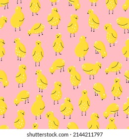 pattern with chickens in different poses. Vector seamless pattern with cute little chickens on a colored background