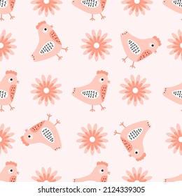 A pattern with chickens and flowers. For textiles, backgrounds, wallpaper, wrapping paper, Easter holiday.