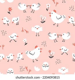 Сhildish pattern with chickens and hen, kids print. Spring seamless background, cute vector texture for kids bedding, fabric, wallpaper, wrapping paper, textile, t-shirt print