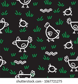 Pattern chickens walking on green grass and pecking worms on black background. Chicken pattern background