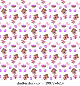 Pattern with chicks, birdhouse and Easter eggs. Vector illustration in pink. For decoration, wrapping paper, textiles.