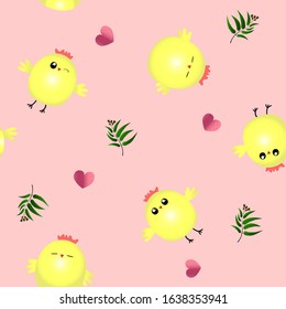 Pattern with a chicks and green branch on a pale pink background.  Vector children's illustration. Love for chicken, you are in our hearts. Easter.