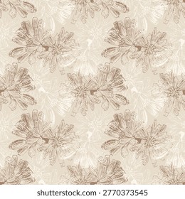 Pattern with chicory flower in creamy shades, hand-drawn botanical sketch for packaging of alternative coffee drinks, herbal branding, organic healthy food design and vintage textiles.