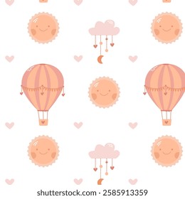 Pattern for children with a cute sun, a balloon in the sky, clouds and hearts on a white background