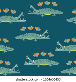 Pattern for children depicting animals. Scandinavian-style pattern. Pattern for fabric, for wallpaper, for scrapbooking. 
Crocodile and birds pattern